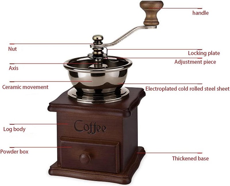 Eitonbu Wooden Manual Coffee Grinder Vintage Style Hand Coffee Mill Burr Coffee Grinder with Ceramic Hand Crank,Wooden Manual Coffee Grinder Cleaning Brush, Brown, 19 x 8.5 x 16 cm - Image 5